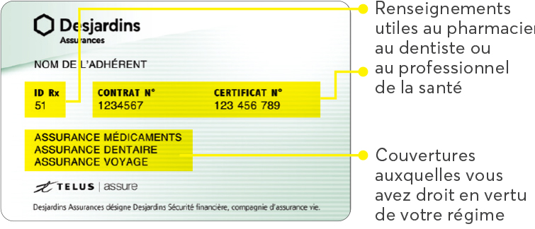 Image illustrant le recto de la carte de paiement et les renseignements qui y figurent : le nom de l’adhérent, le numéro d’identification de l’assureur (12), le numéro de contrat, le numéro de certificat et la liste des couvertures auxquelles l’adhérent a droit en vertu de son régime.