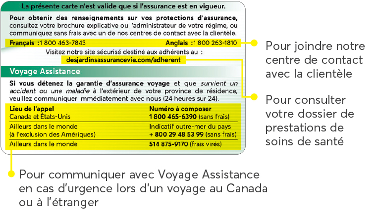 Image illustrant le verso de la carte de paiement et les renseignements qui y figurent : le numéro de téléphone pour nous joindre (1 800 463-7843), l’adresse pour accéder à votre site sécurisé (desjardinsassurancevie.com/adherent) et les numéros de téléphone pour joindre notre service Voyage Assistance. Canada et États-Unis : 1 800 465-6390. Ailleurs dans le monde (à l’exception des Amériques) : indicatif outre-mer du pays + 800 29 48 53 99. Ailleurs dans le monde (à frais virés) : 514 875-9170.