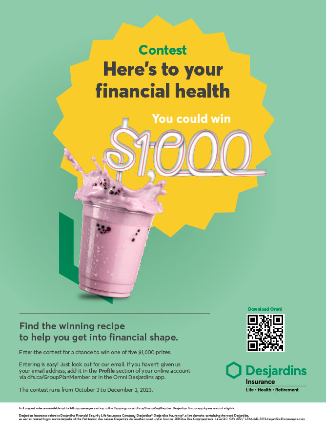 Contest poster, a glass of pink smoothie stands in front of a yellow label/sticker with information pertaining to the contest in 8.5” x 11” size