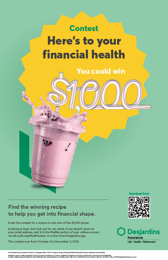 Contest poster, a glass of pink smoothie stands in front of a yellow label/sticker with information pertaining to the contest in 11” x 17” size