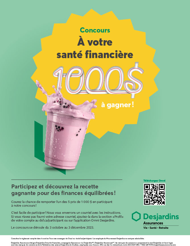 Affiche du concours, un verre de smoothie rose se tient devant une pastille jaune avec des informations sur le concours en format 8,5” x 11”