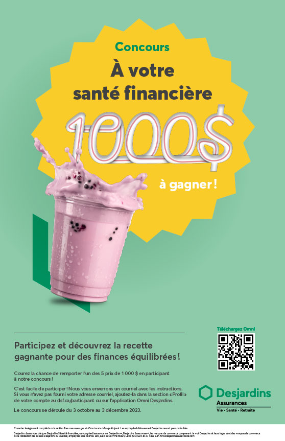 Affiche du concours, un verre de smoothie rose se tient devant une pastille jaune avec des informations sur le concours en format 11” x 17”