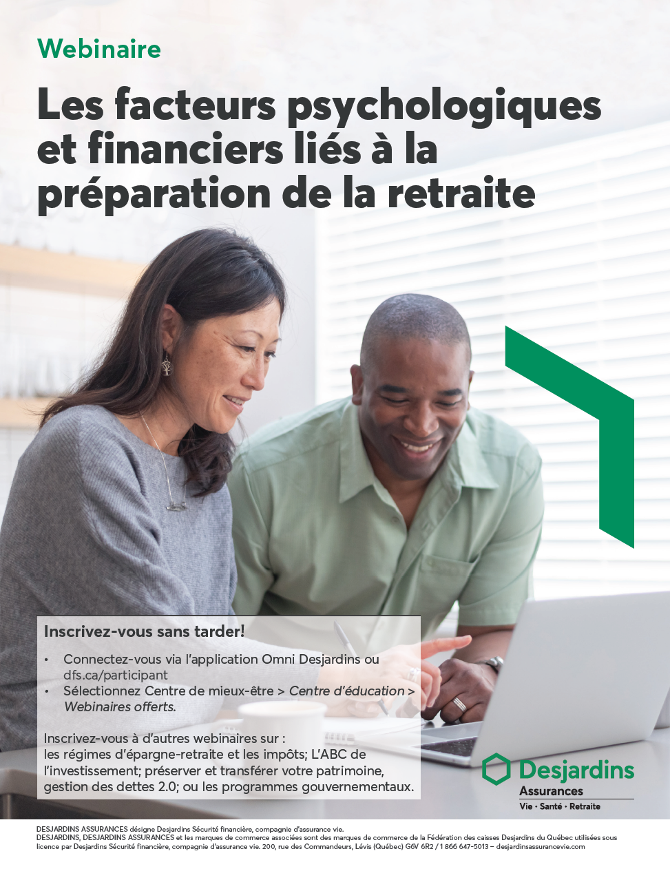 affiche pour promouvoir le webinaire, un couple mixte dans la quarantaine qui sont en train de discuter et de planifier devant leur ordinateur portable, 8.5 x 11 format