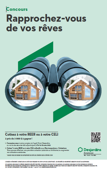 Affiche du concours en format 11 x 17 Paires de jumelles avec un chalet dans les lentilles.