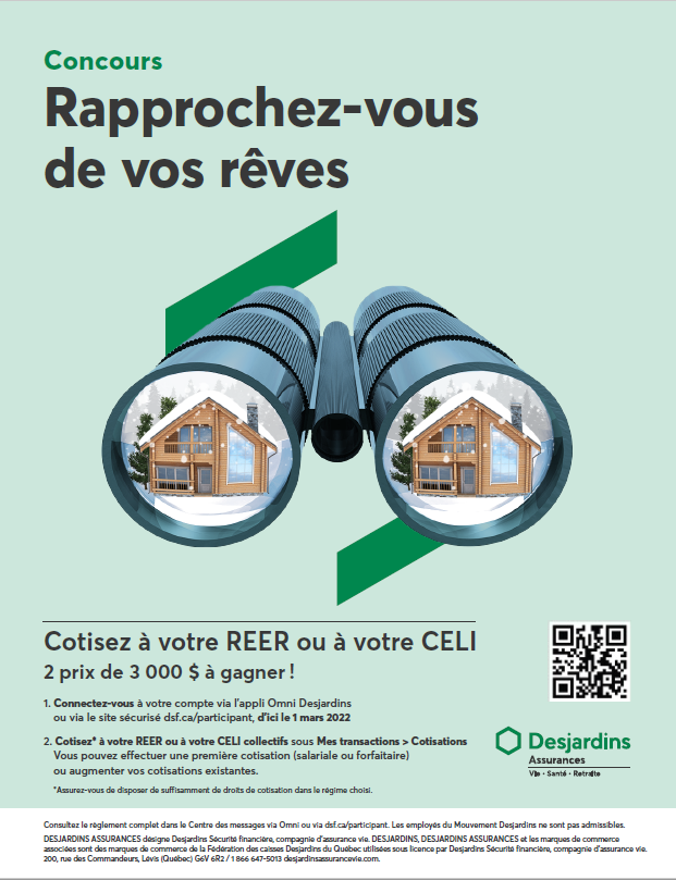 Affiche du concours en format 8,5 x 11 Paires de jumelles avec un chalet dans les lentilles.